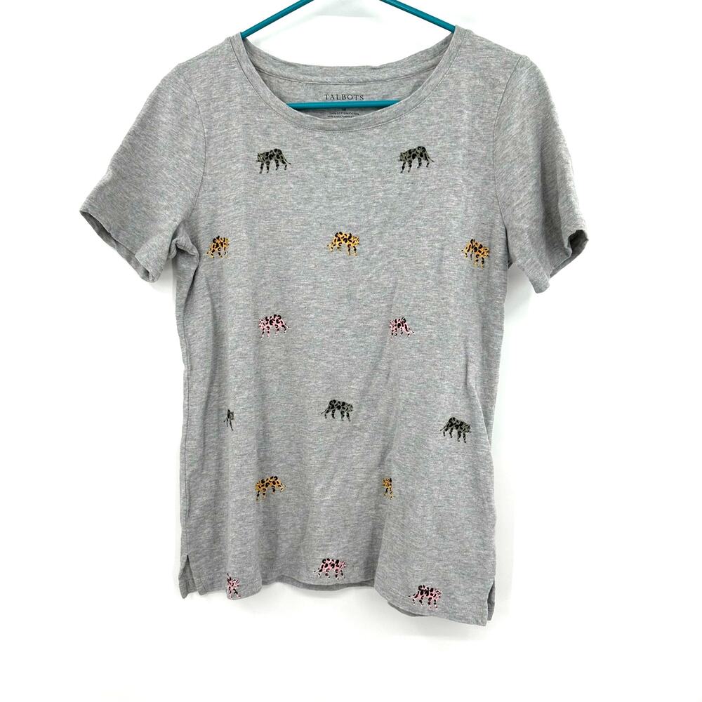 Talbots Size Small Petite Shirt Gray Leopard Print Casual Short Sleeve Basic Fun